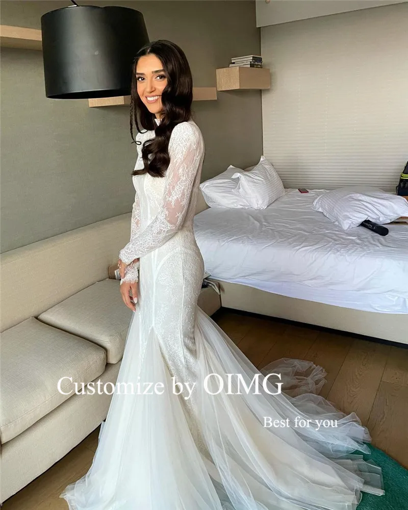 OIMG High Neck Full Lace Long Sleeves Mermaid Wedding Dresses Elegant Tulle Sweep Train Bridal Gowns Robe de mariage Customized