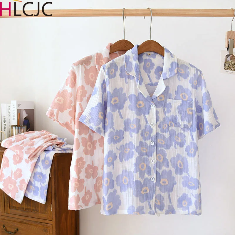 

Summer New Women's Cotton Crepe Pajamas Set Short-sleeved Long Pants Thin Loungewear Loose Plus Size Two-piece Home Clothes