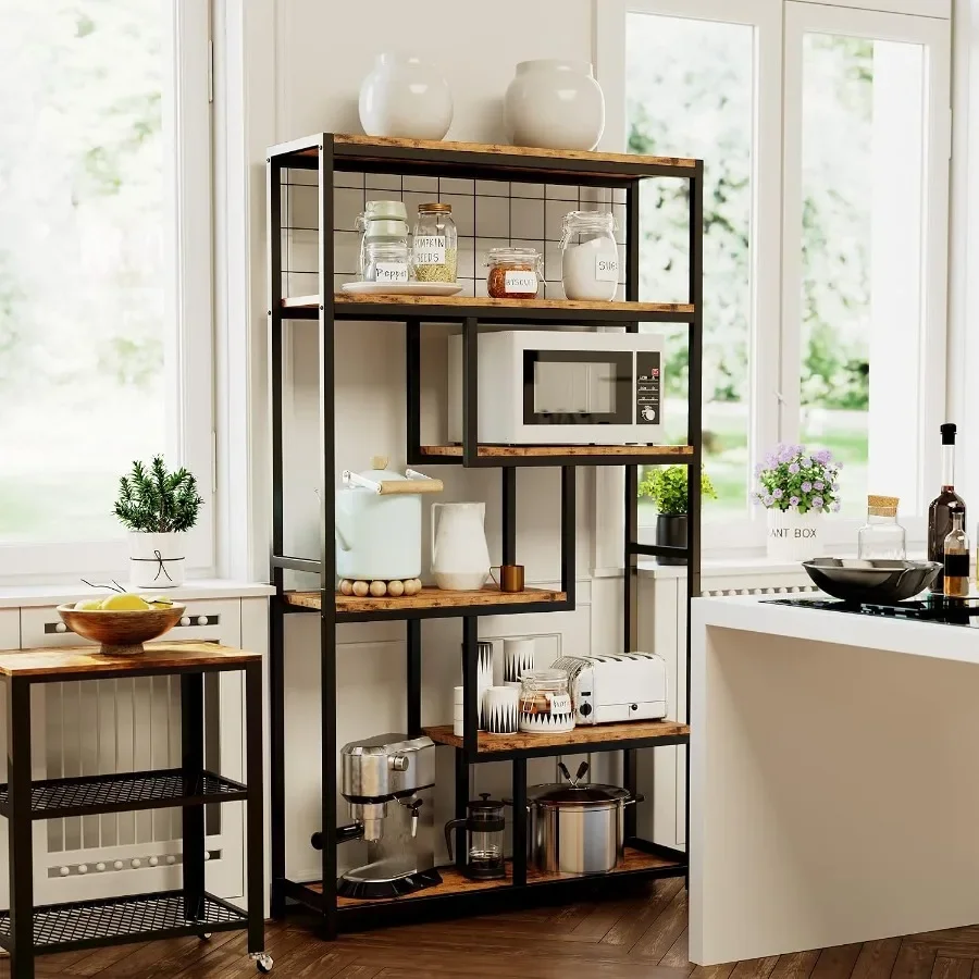 Bookshelves 6 Tiers, Industrial Etagere Heavy Duty Shelves for Living Room, Black Metal with Wood, Rustic Style and Adjustable view 3