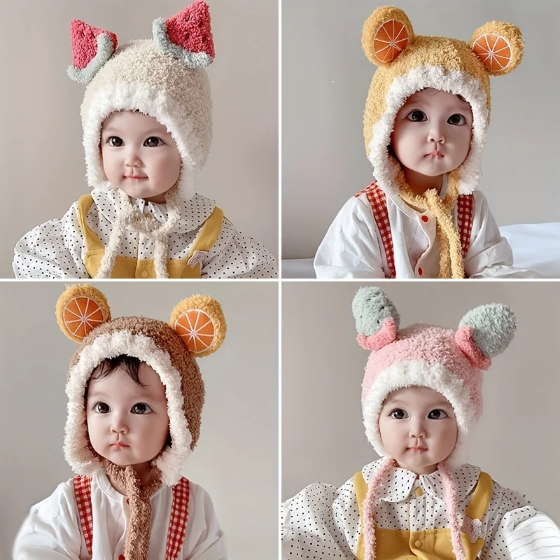 1pc Plus Fleece Ear Protection Cute Boys And Girls Warm Woolen Hat For 0-3 Years Old Baby In Autumn Winter