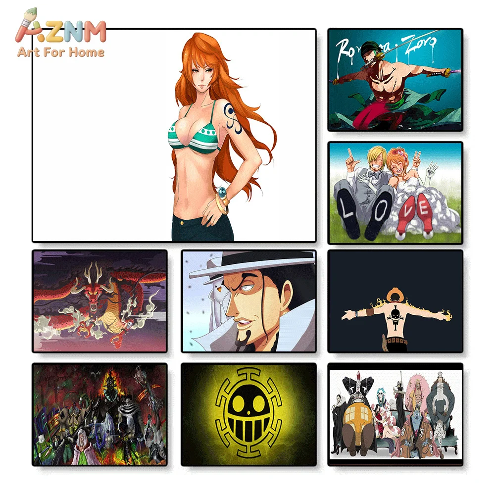 AZNM Lienzo Decorativo de Anime One Piece con Impresión HD de Nami, Zoro, Sanji, Kaido, Rob Lucci, Ace, Trafalgar Law y Logotipo de Manga, sin Marco
