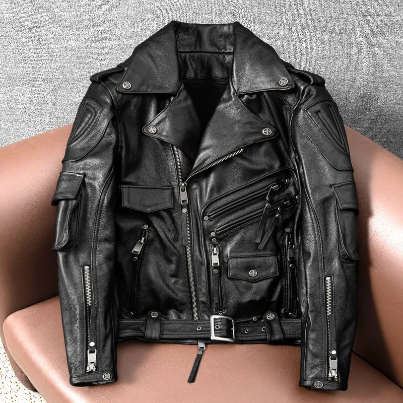 

Pure first-layer cowhide leather locomotive can be removed and protective gear can be added to the inner tank Leather jacket