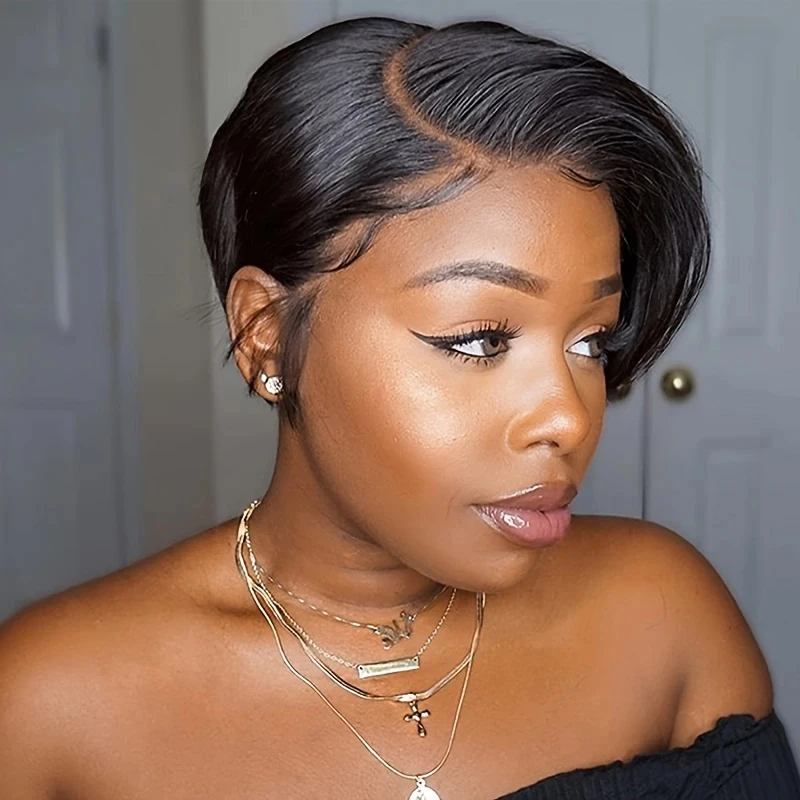 

T Part Pixie Cut Wigs Human Hair For Women 13*5*1 Lace Wig Brazilian Remy Human Hair Wig Pre Plucked 180 Density Natural Color