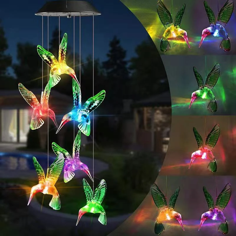 Solar Color Changing Wind Chime Crystal Ball Hummingbird Hanging Lamp Waterproof Outdoor Use for Courtyard Garden Decoration