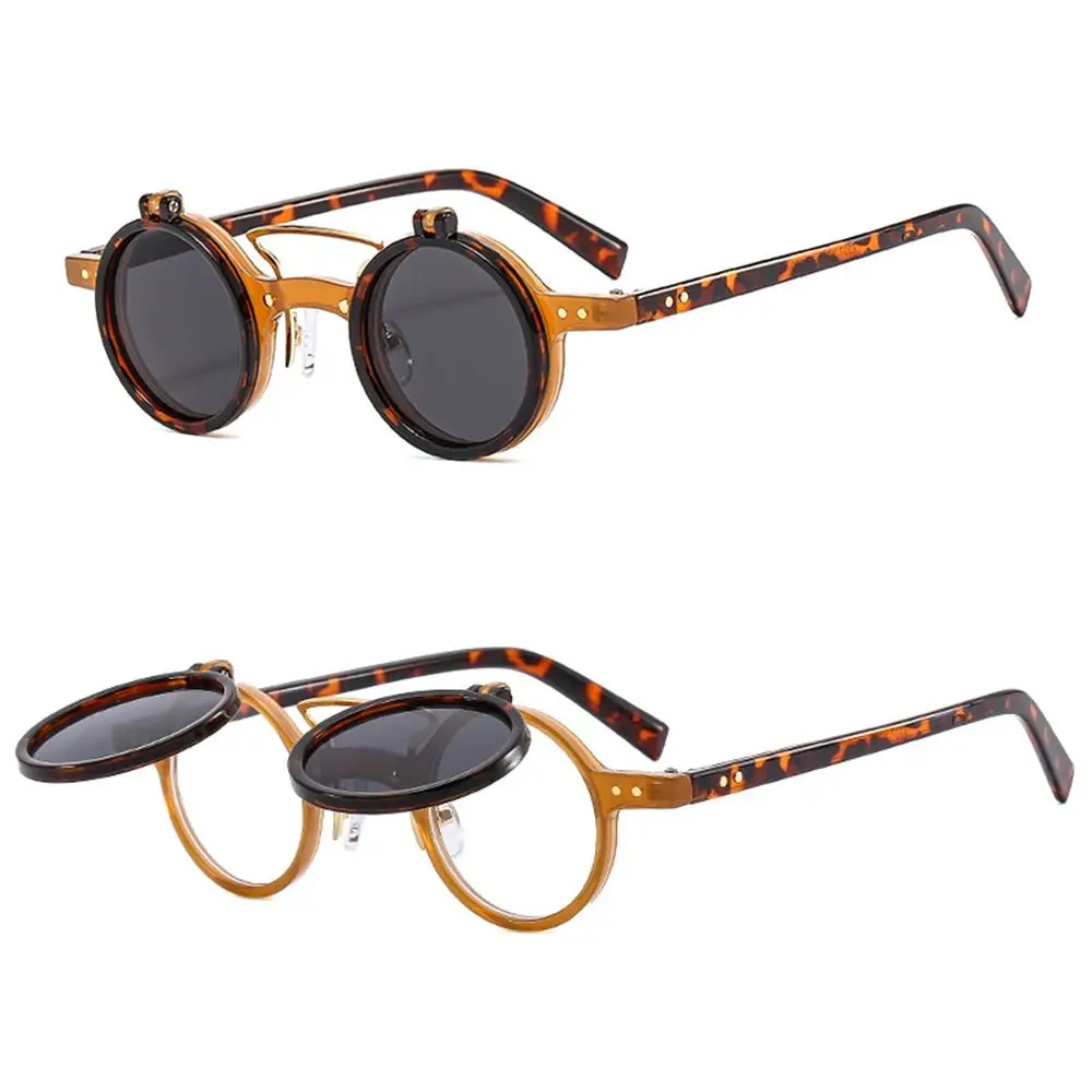 Gafas de sol redondas de Metal para hombre y mujer, lentes de sol Retro con tapa abatible hacia arriba, estilo Steampunk, de marca