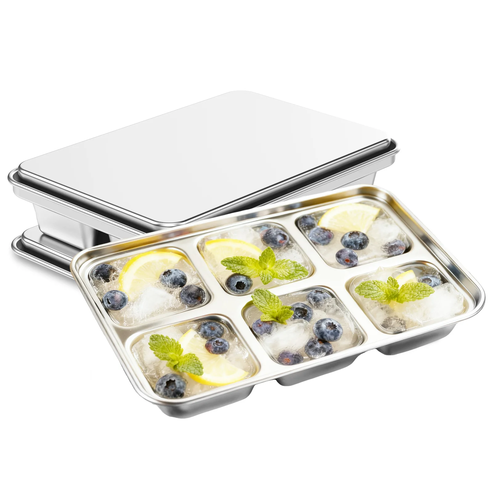 Moule à glaçons en acier inoxydable avec couvercles, 6 grilles, plateau à glaçons empilable, libération facile pour Cocktail, whisky, chocolat, 1/2 pièces