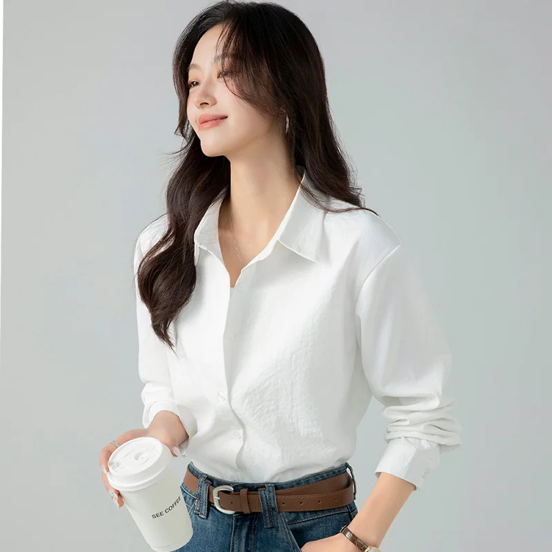 New Female Spring And Autumn Loose Fashion Versatile Commuting Casual Top For Women Simple Solid Color Collar Long Sleeve Shirt