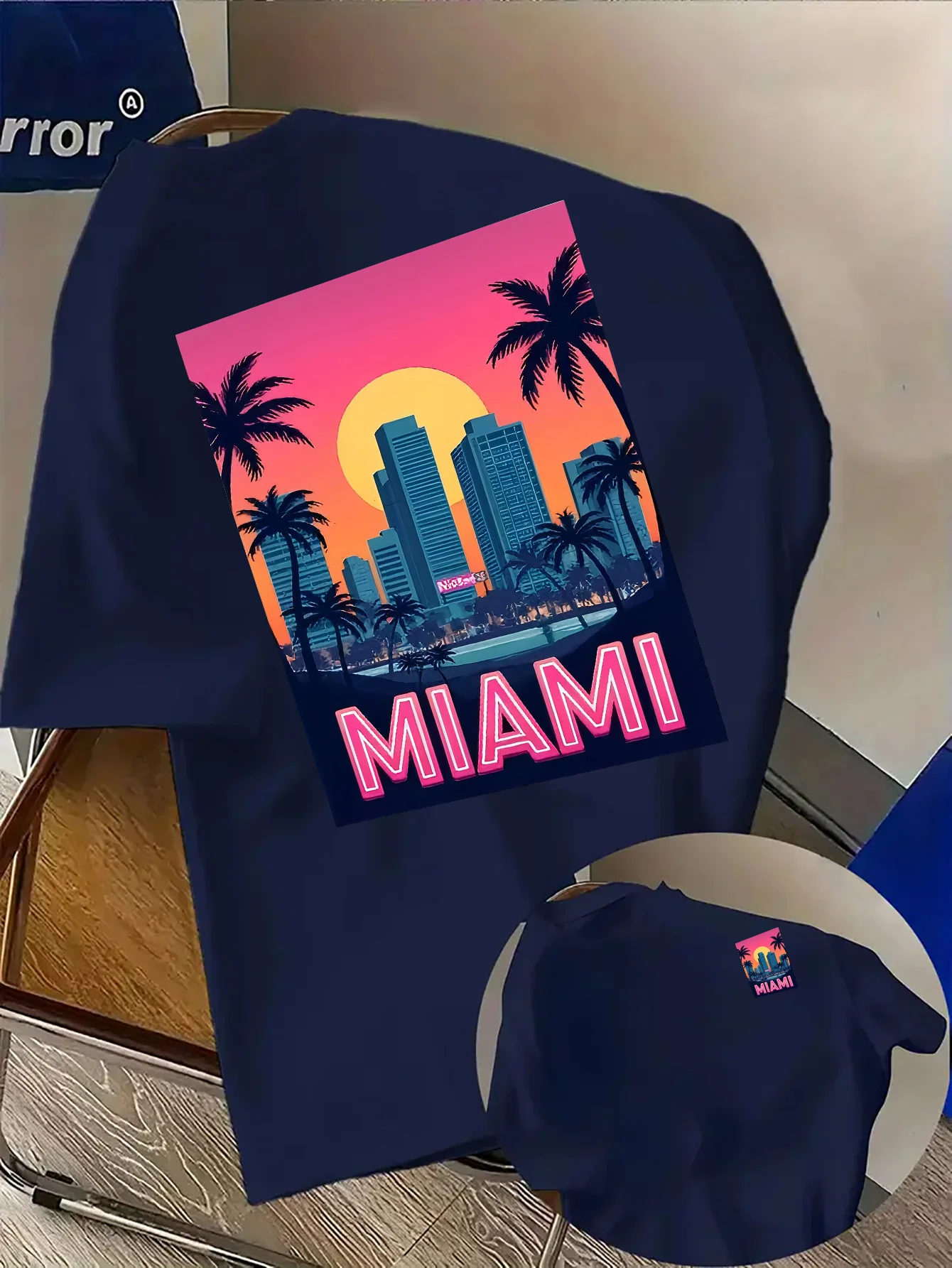 Camiseta de Hombre con Estampado del Horizonte de Miami al Atardecer, 100% Algodón Suave Premium, Perfecta para el Verano, Estilo Casual y Urbano