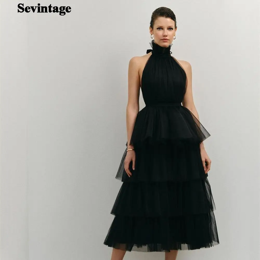 

Sevintage A Line Tulle Prom Dresses High Neck Sleeveless Tiered Tea Length Halter Party Gowns Women Wear Fashion Outfits