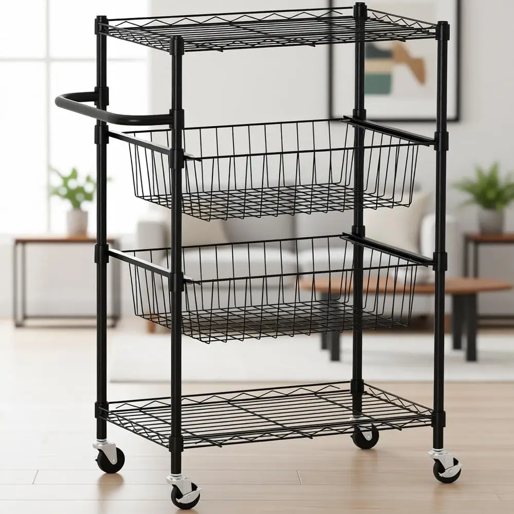 

4-Tier Metal Utility Cart with Wheels and Handle, Heavy-Duty 110 lbs Kitchen Serving Trolley for Storage and Organization