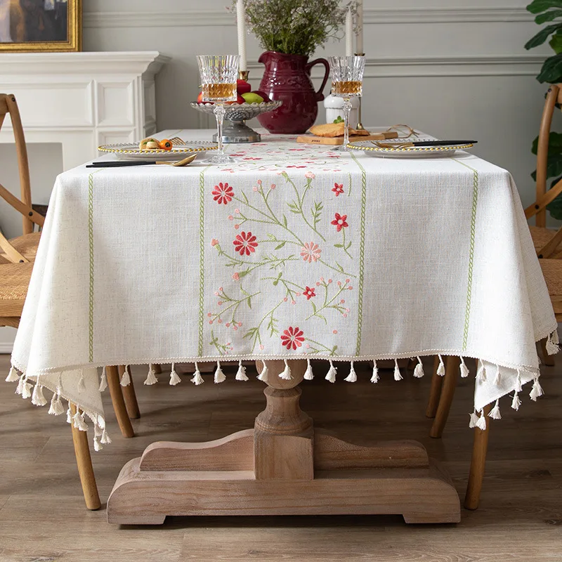 

High-end Atmosphere Cotton Linen Embroidered Dining Tablecloth Light Luxury French Retro Style Rectangular Coffee Table Cloth