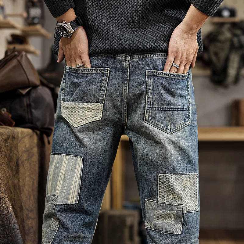 Premium Patchwork Men's Heavyweight Denim Jeans Vintage American High Street Tailored Straight Leg Cotton-Rich Comfort Pants