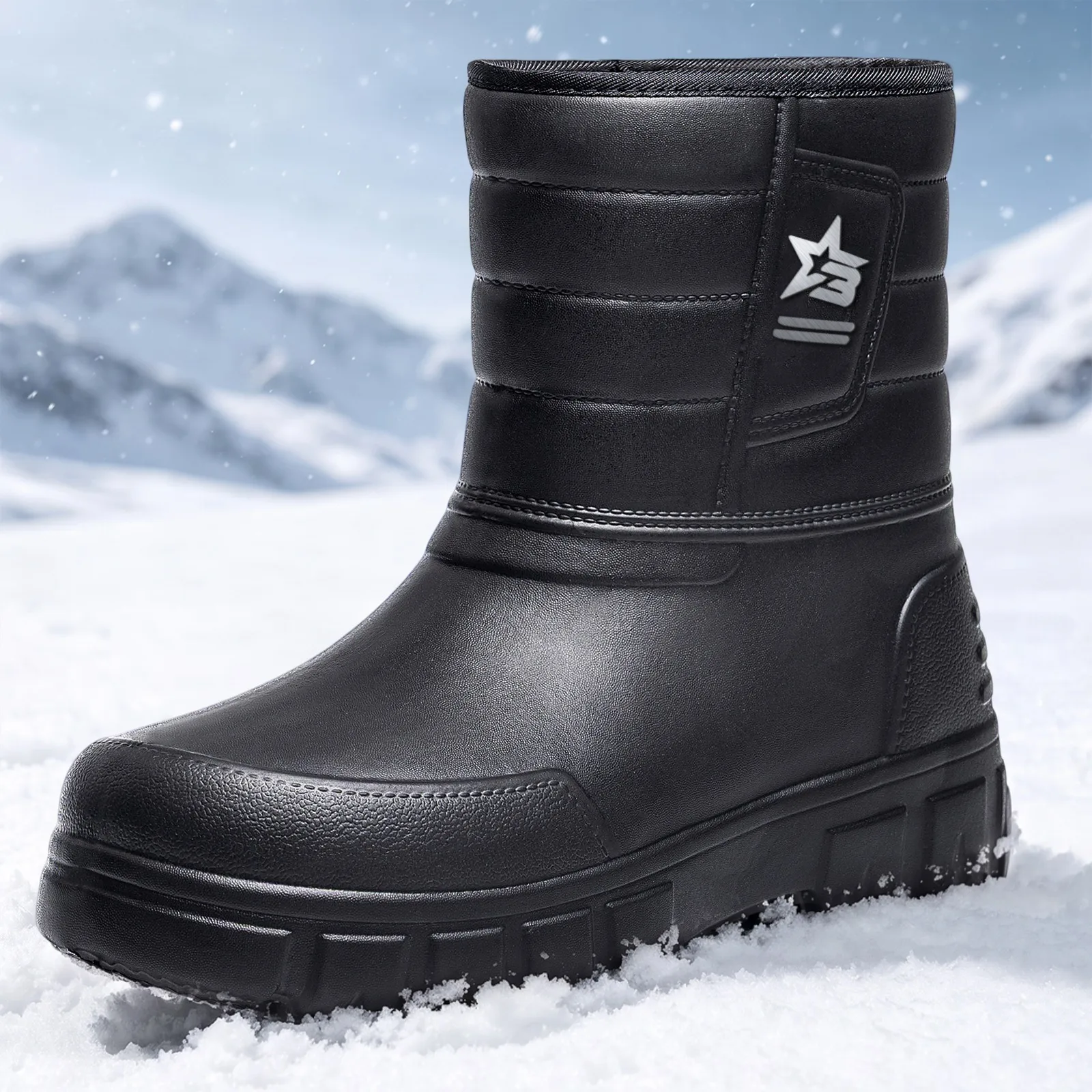 Winter-Herrenschuhe aus Baumwolle mit Fleece, warmem Leder, wasserdichter, dicker Sohle, für Outdoor-Aktivitäten, Angeln, Freizeit, vielseitig einsetzbar, schwarz. – Detail 4