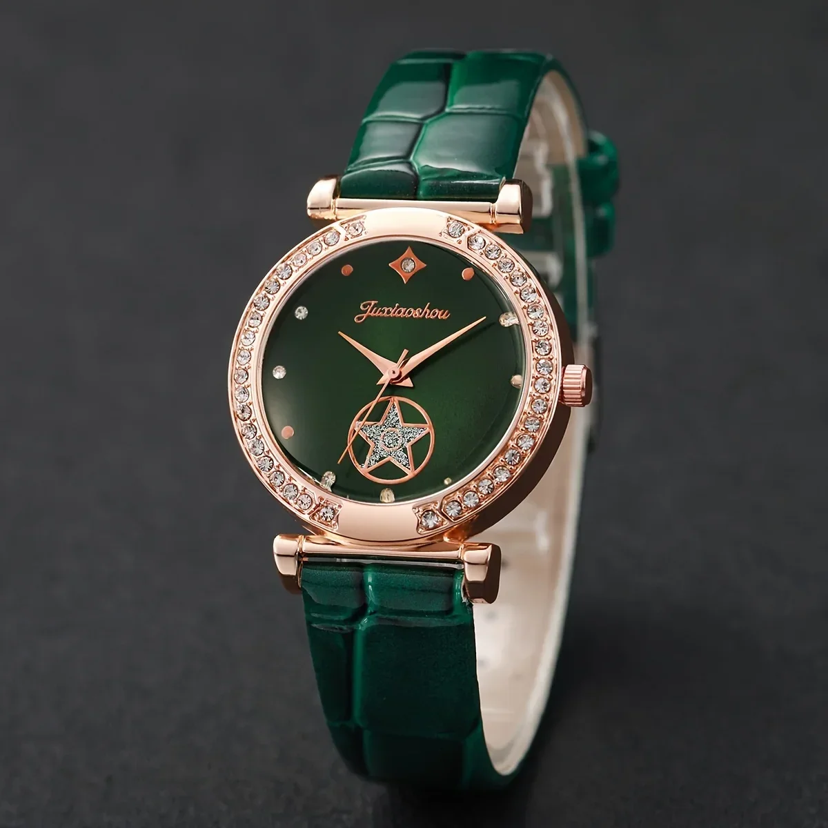 Luxurious Green Crystal-Encrusted Ladies Wristwatch with Star Design and Matching Jewelry Set (6 Pieces)