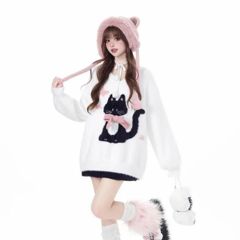 เสื้อสเวตเตอร์สไตล์ญี่ปุ่นน่ารักสำหรับผู้หญิง คอกลม ลายการ์ตูนแมว แขนยาว สไตล์ลำลอง สำหรับสาวๆ เสื้อพูลโอเวอร์ ฤดูใบไม้ผลิ ฤดูใบไม้ร่วง