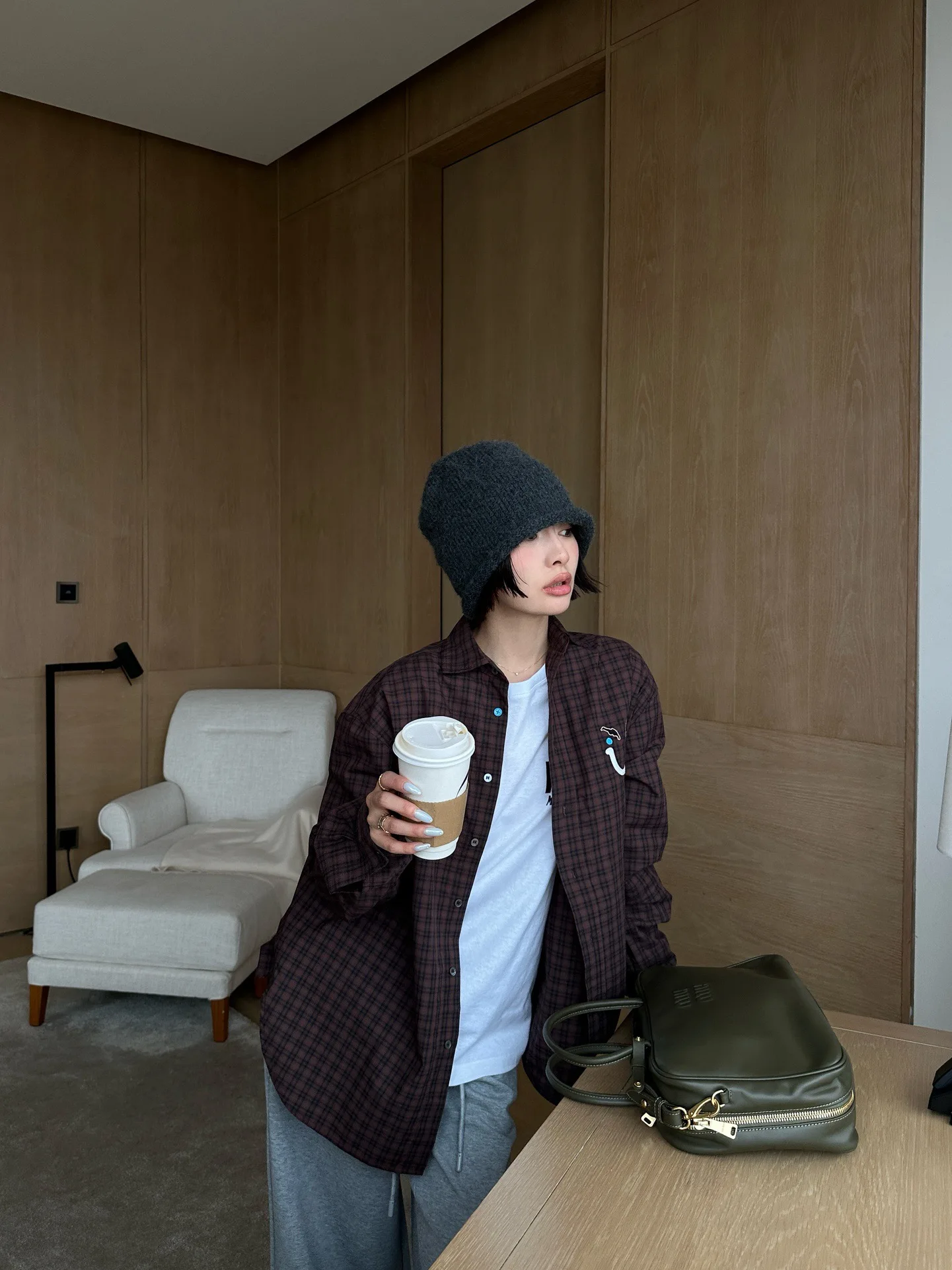 

Повседневная шерстяная рубашка в клетку с вышивкой, свободного кроя, для мужчин, модная, дышащая, с длинным рукавом, в стиле бойфренд, из фланели