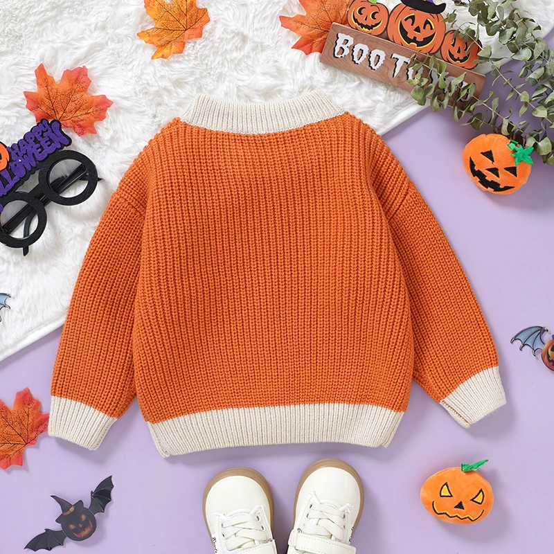長袖ラウンドネックセーター、ニットトップス、文字刺繍、赤ちゃんと幼児のためのハロウィーンセーター