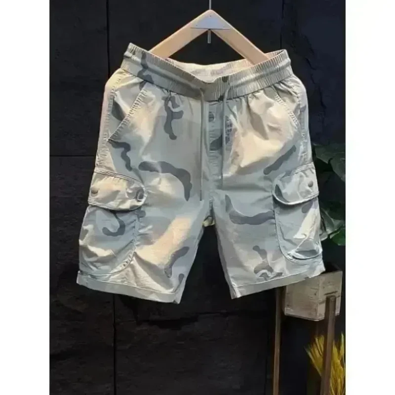 American Style Men's Summer 2024 New Youth Trend Camouflage Drawstring Elastic Waist Patchwork Pockets Loose Casual Cargo Shorts