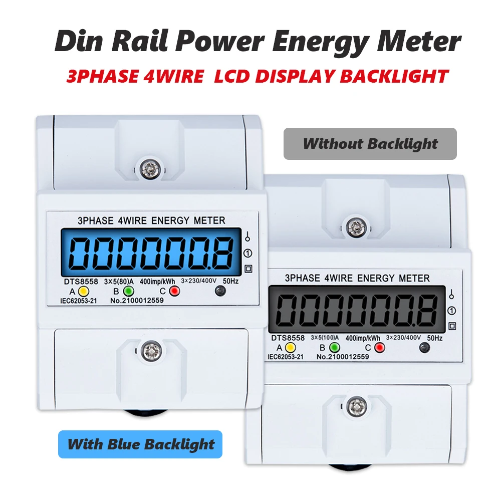 

Upgrade 3 Phase 4 Wire Din Rail Electronic Watt Power Energy Meter Wattmeter kWh LCD Display Backlight 80A/100A