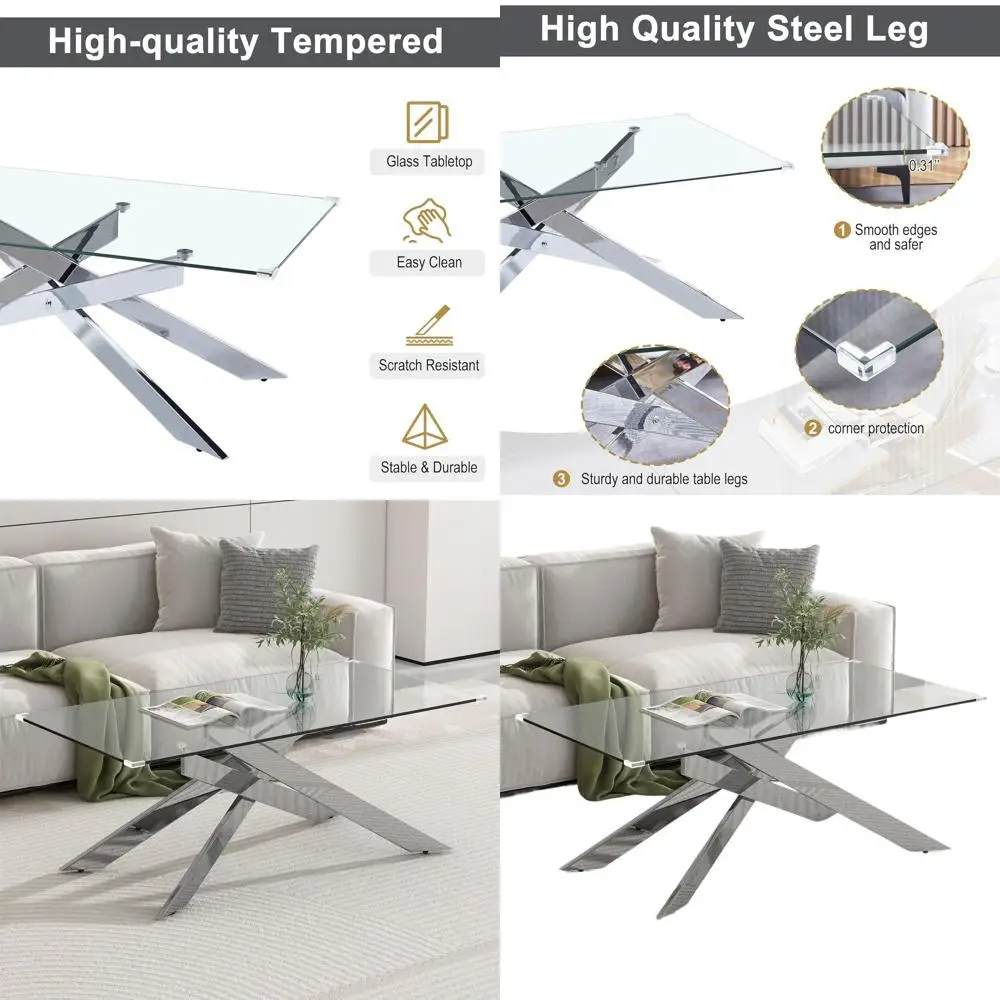 

Журнальный столик из закаленного стекла с серебристыми металлическими ножками, подходит для гостиной или домашнего офиса, 47,24 дюйма (длина) x 23,62 дюйма (ширина) x 18,1 дюйма (высота)