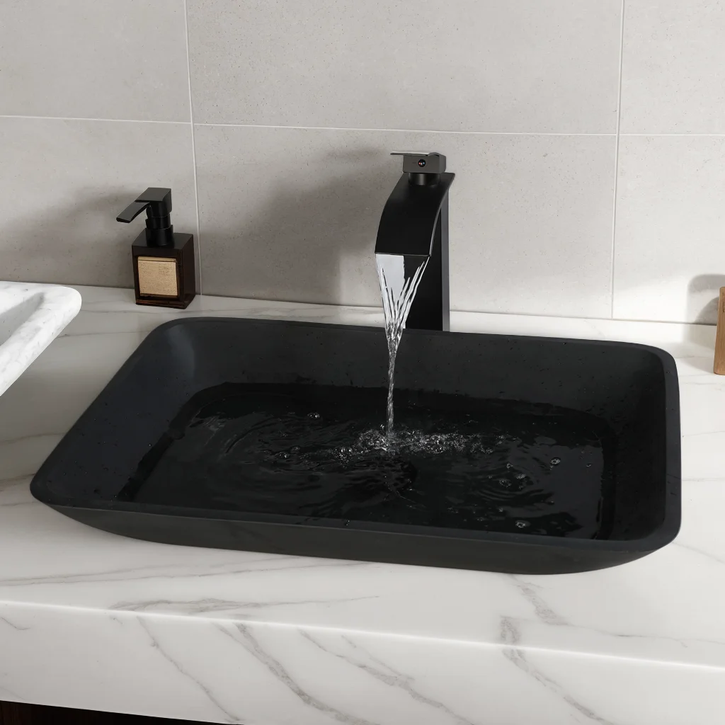 

KEMAIDI раковина для ванной комнаты, квадратная стеклянная большая квадратная раковина для сосуды с водопадом, смеситель для ванной комнаты, раковина над столешницей