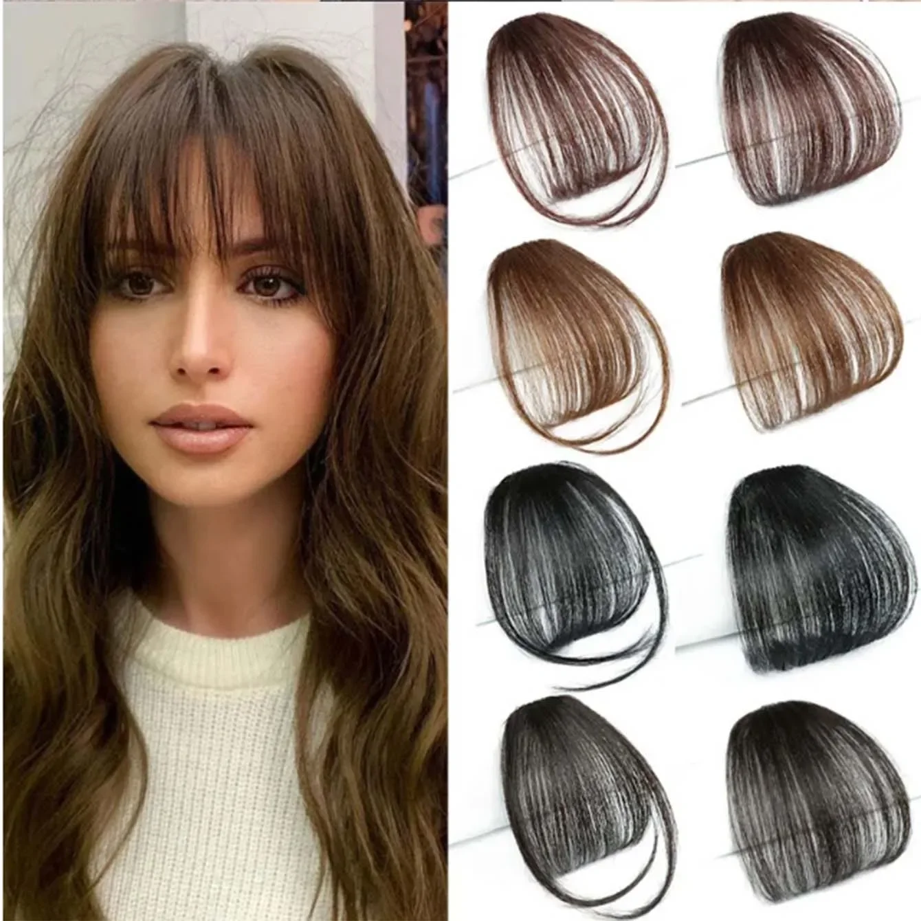 

Synthetic Dark Brown Clip In Bangs Extensions Wispy Clip on Air Bangs for Women Fringe with Temples Hairpieces Curved Bangs