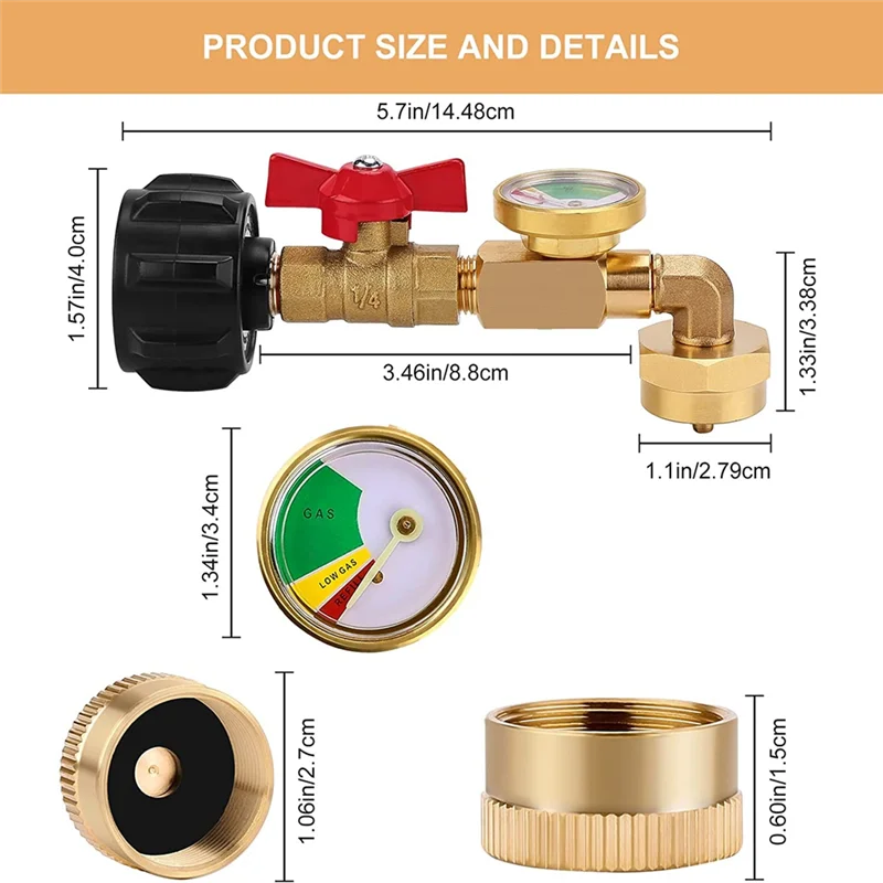 QCC1 Propane Refill Elbow Adapter with Propane Tank Gauge, 90 Degrees Refill Pressure Adapter with ON-Off Control Valve