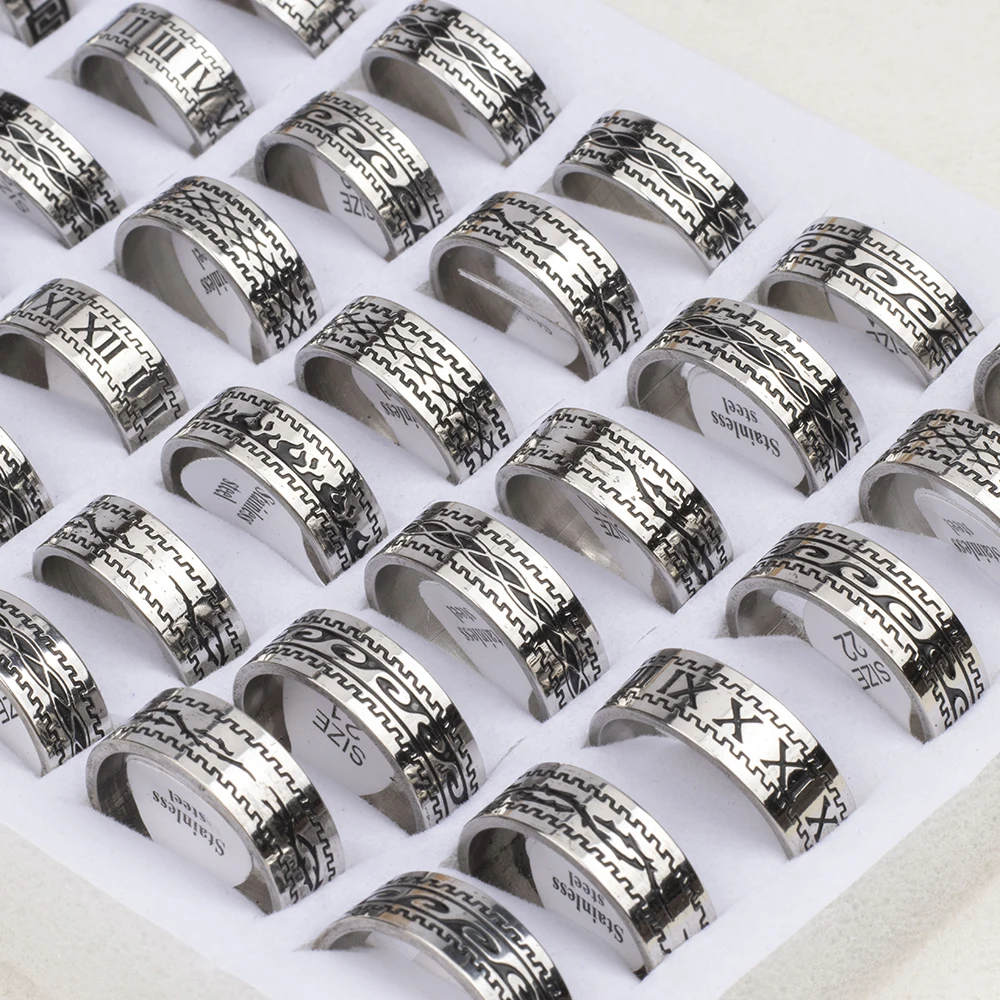 Wholesale 20 Pcs/Lot Classic Pattern Waterproof Stainless Steel Rings Vintage Fashion Men\'s High-quality Wedding Jewelry Gift