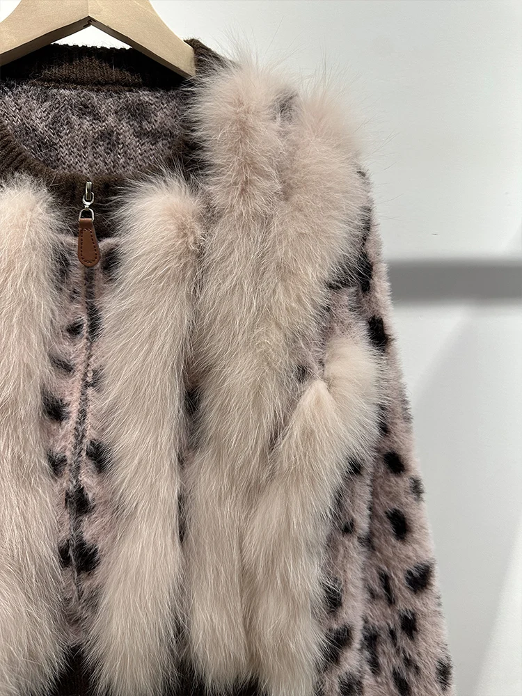 2026 Autumn Women Real Natural Fox Fur Oversized Cardigan Spring Special Design Leopard Print Sweater Wear Outwear - view 6