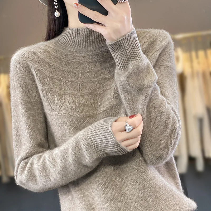 

Женский свитер с воротником-стойкой, винтажный базовый однотонный вязаный корейский топ, повседневный тонкий пуловер, свитера, простые шикарные джемперы