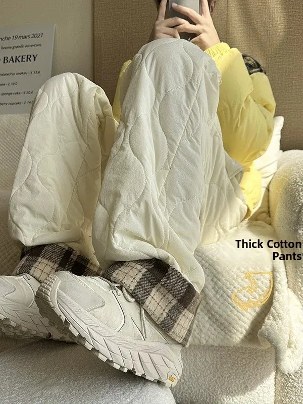 المرأة الشتاء Thiened سراويل قطنية عادية فضفاضة تناسب منقوشة الربط يندبروف السراويل الدافئة مستقيم الساق ملابس خارجية طويلة #2