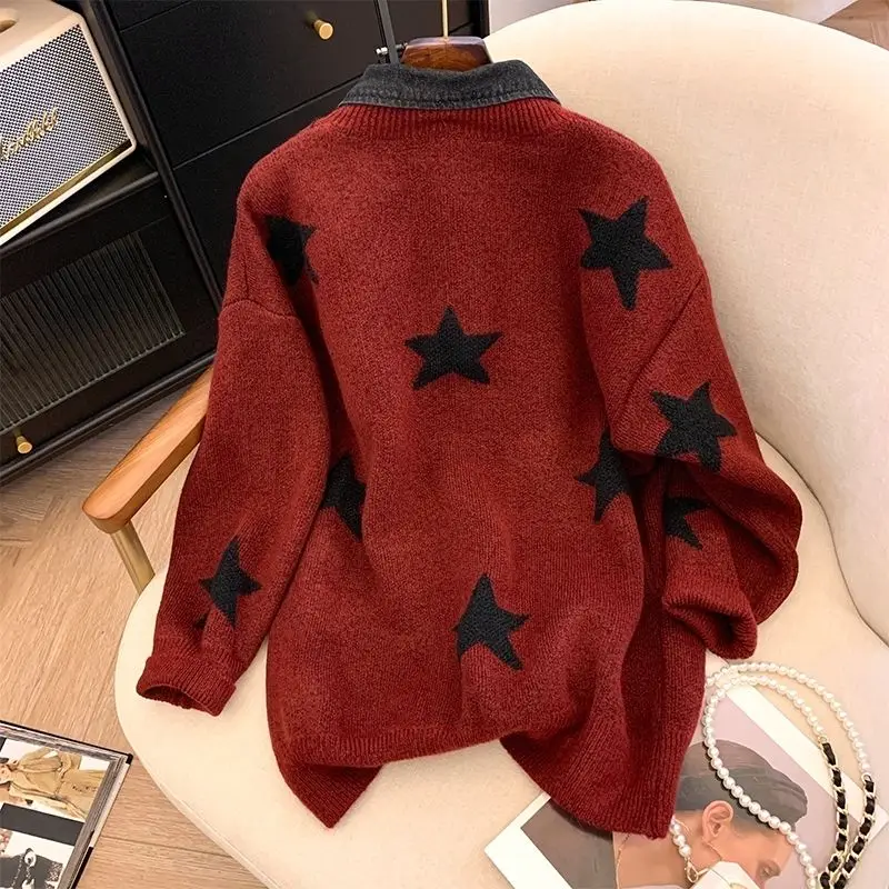 Polo Collar Denim Sweaters Women\'s Autumn Winter Fashion Casual Color Blocked Printed Pentagram Long Sleeve Loose Knitted Tops