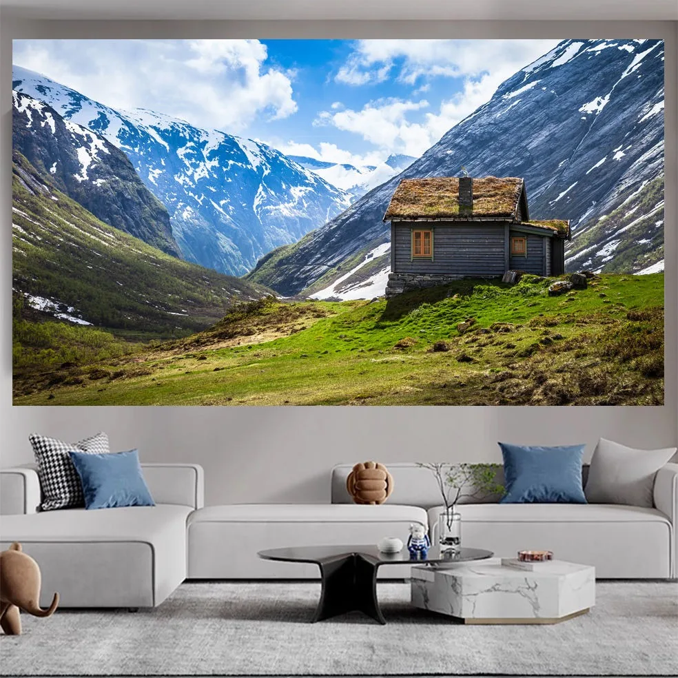 Large Mountain Landscape Tapestry Wall Hanging Canvas Art Golden Sunset Nature Print Boho Living Room Decor Mural Decoration