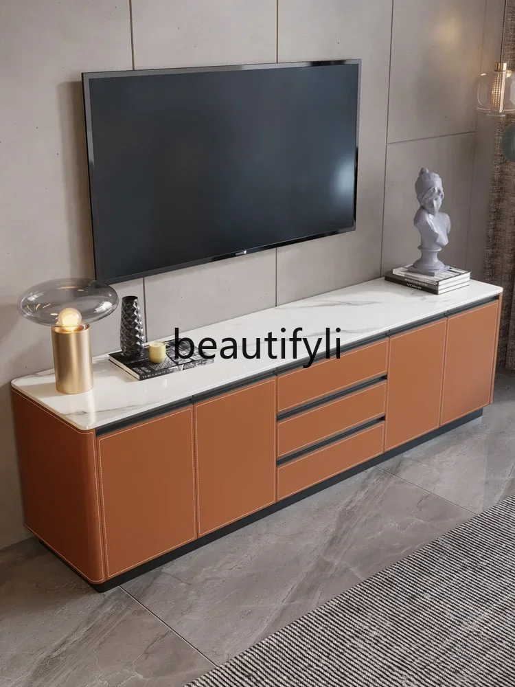 

Italian minimalist saddle leather TV cabinet modern small apartment solid wood locker
