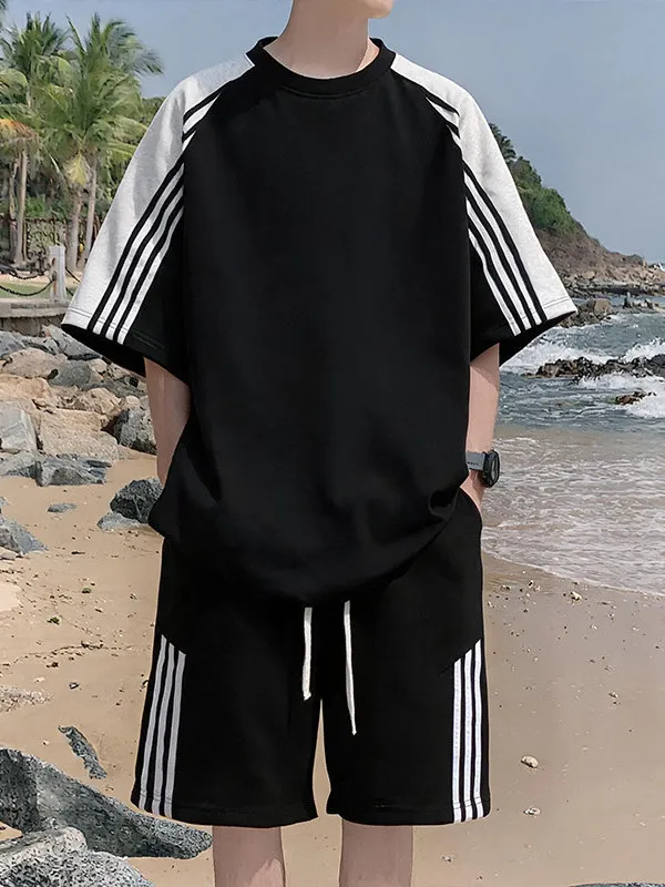 american-stripe-splicing-summer-sportswear-set-men's-short-sleeve-loose-casual-two-piece-trendy-color-block-shorts