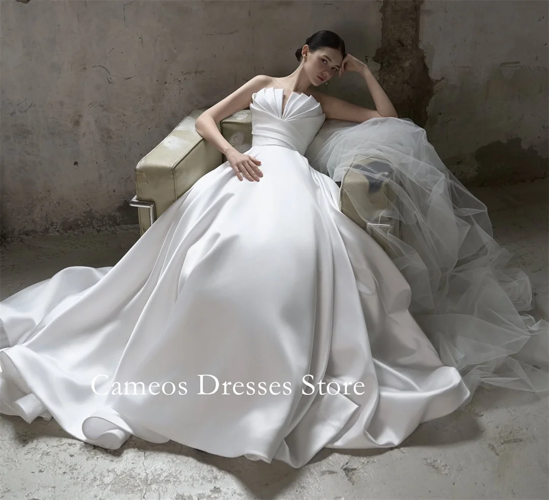 

SONDR Customized Strapless Ivory A-Line Wedding Dresses Ruched Satin Sleeveless Korea Brides Gowns Women Bridal Dresses