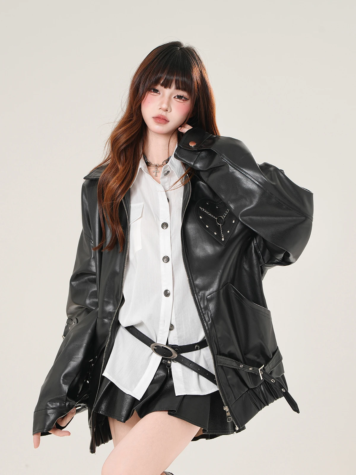 Chaqueta de cuero PU Madeleine Monroe Cool Bla para mujer, estilo motociclista holgado, ropa exterior retro con cremallera de manga larga