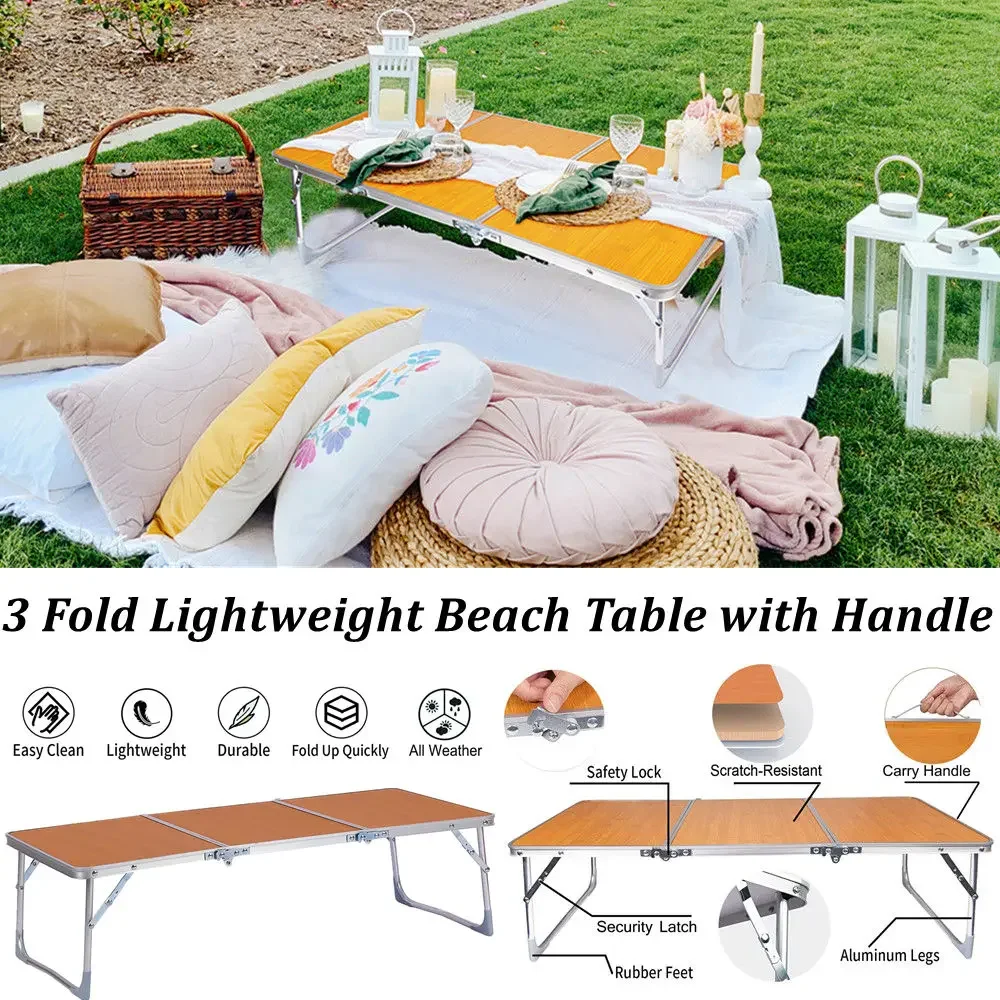 3 Feet Portable Outdoor Table with Aluminum Legs,Folding Camping Table,3 Fold Lightweight Beach Table with Handle for Picnic BBQ