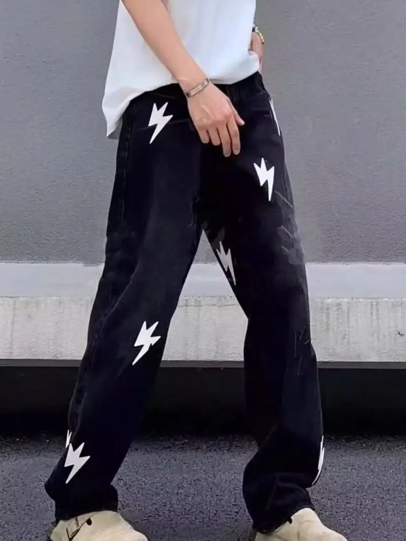 

plus Size Lightning Jeans Casual Loose Fit Men's Denim Pants Spring Autumn Straight Leg Long Trousers High Waist Washed Fabric