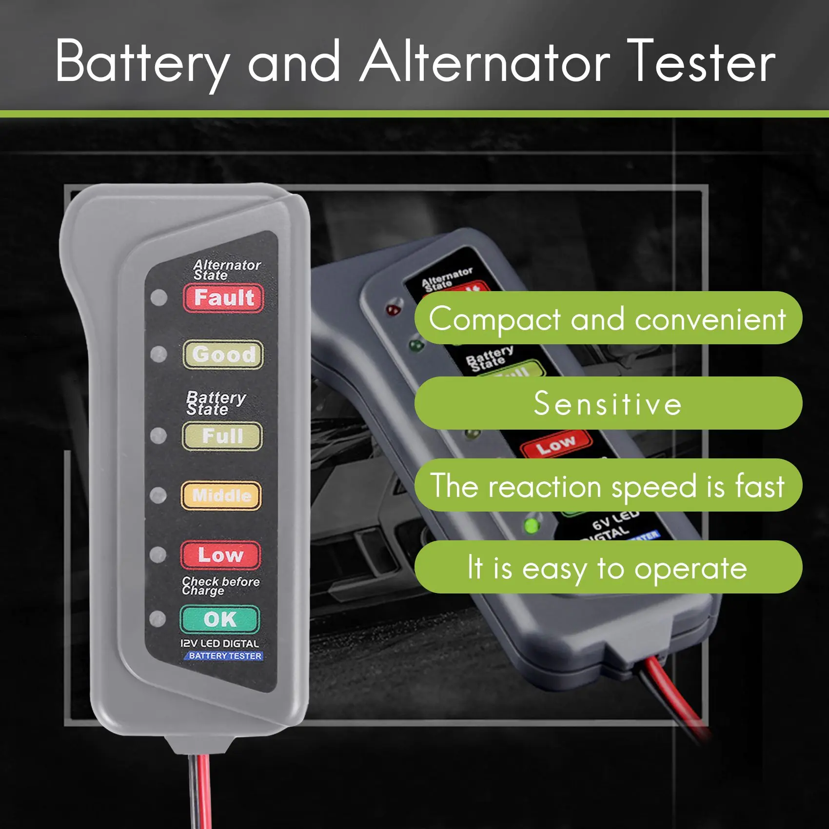 12V Car Battery & Alternator Tester - Test Battery Condition & Alternator Charging (LED