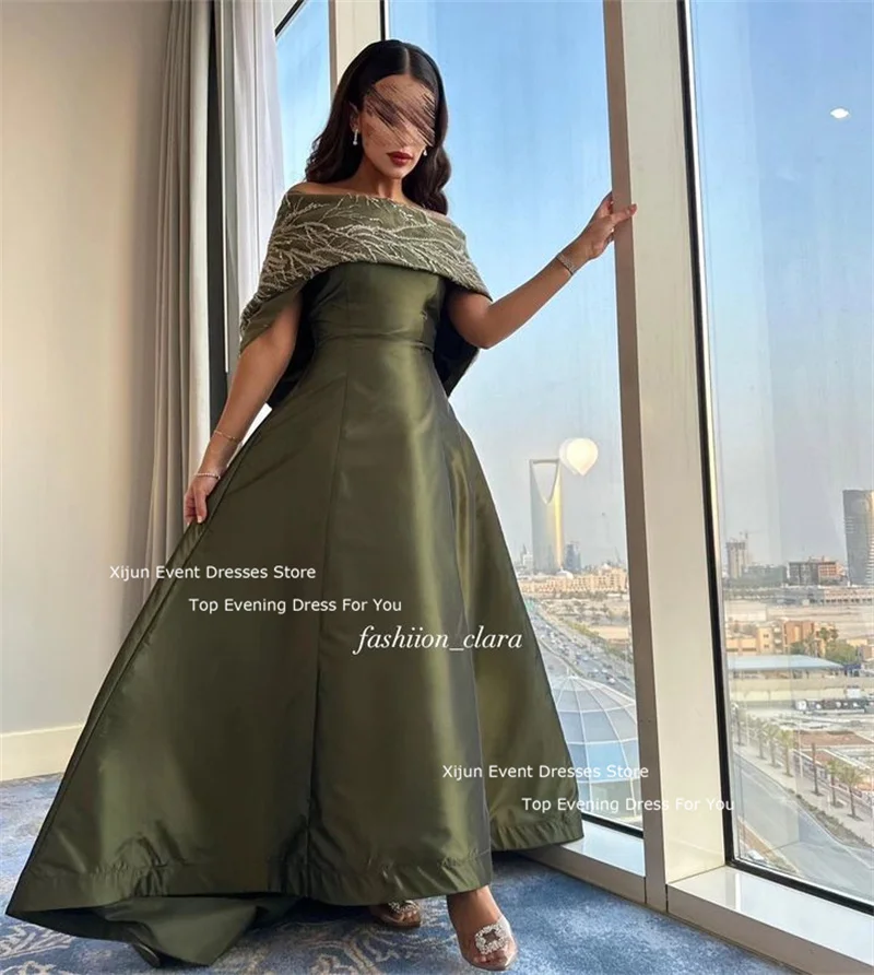 Xijun Green Satin Luxury Evening Dresses Boat Neck Beads Prom Dresses Prom Gowns Saudi Arabric Dubai Prom Gowns Long Party Gown