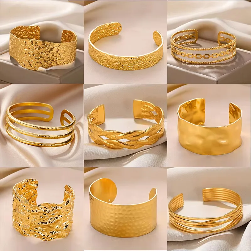 Vintage Smooth Irregular Twist Wide Bracelets For Women Gold Color Stainless Steel Geometry Open Cuff Bangles Jewelry Gift