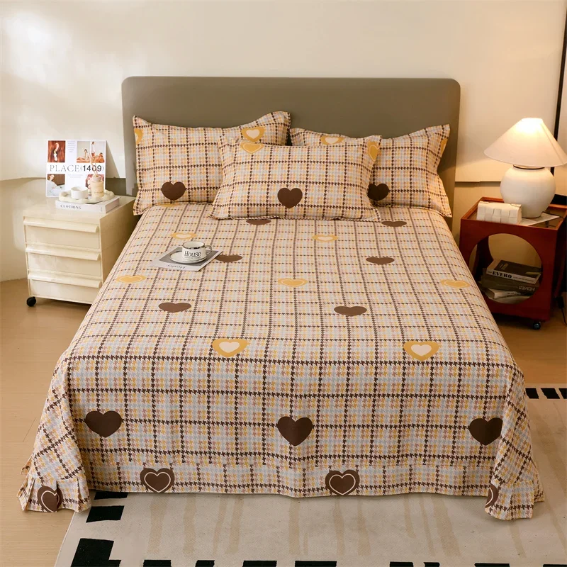 3Pcs Geometric Lattice Heart Pattern Bed Sheet Set 100% Cotton Thick Flat Sheet with Pillowcases Soft Comfortable Bedding Set