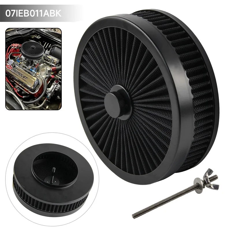 9''X2'' Full Flow Round Air Filter Assembly Kit Washable &Resuable Air Cleaner for 4 Barrel Carburetor V8 Chevy Fοrd Black