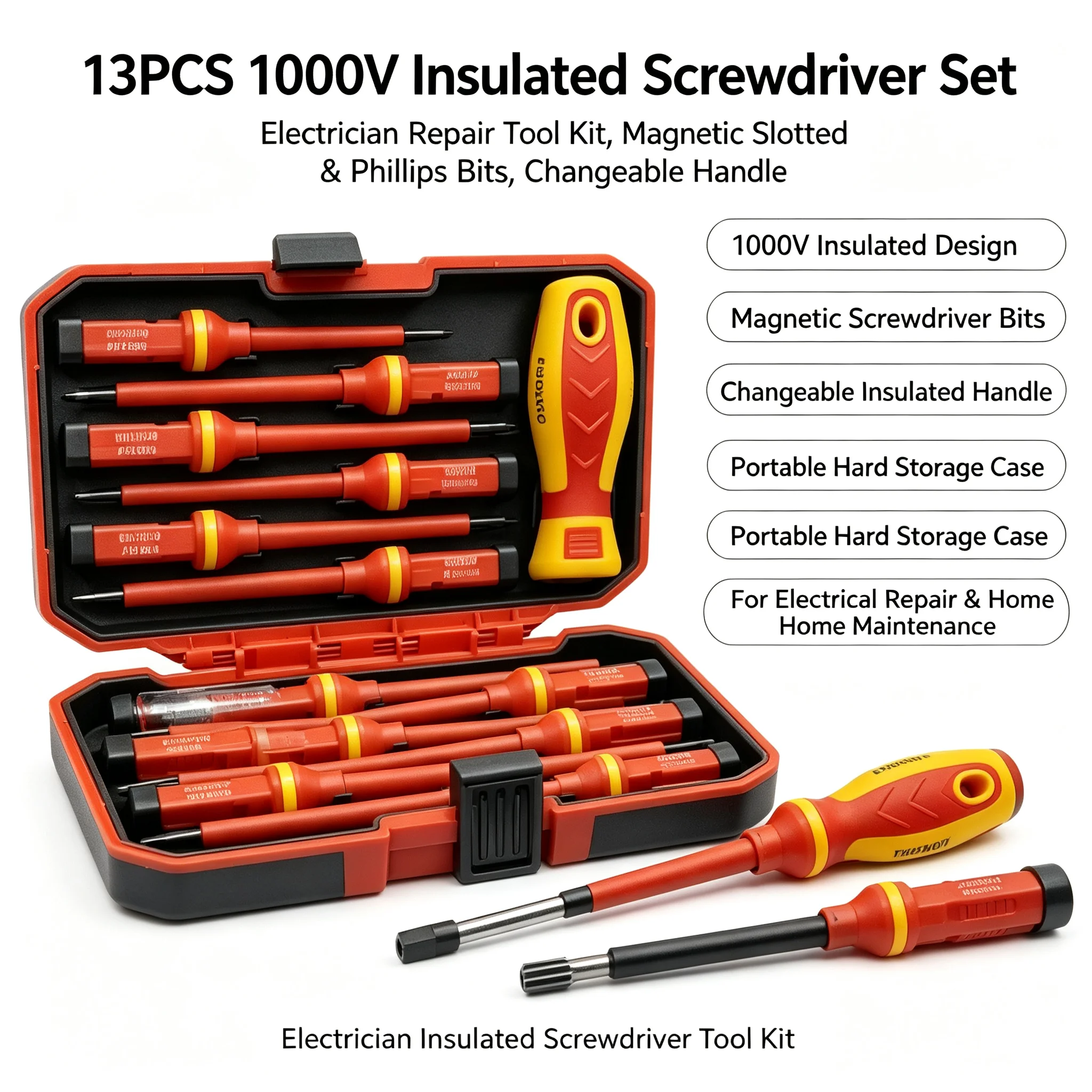13PCS 1000V Insulated Screwdriver Set, Electrician Repair Tool Kit, Magnetic Slotted Bits, Changeable Insulated Handle