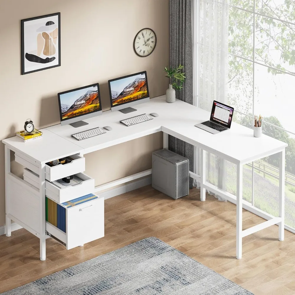 

L Shaped Desk with File Drawer Cabinet, 59 Inch Corner L Shaped Computer Desk with Drawers, PC Table Writing