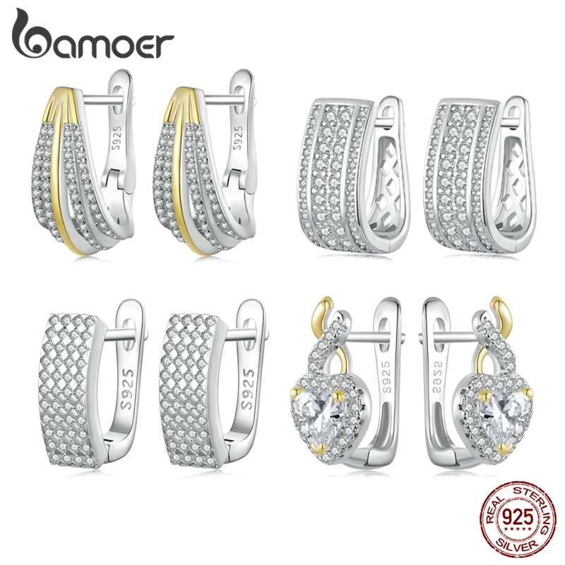 Bamoer 925 Sterling Silver Sparkling Cube Two-tone Ear Buckles for Women CZ Luxury Original Design Hoop Earrings Jewelry Gift