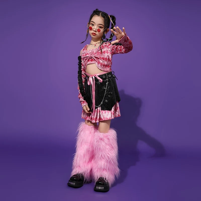 Modern Jazz Dance Costume Girls Pink Crop Tops Feather Calf Cover Kids Hip Hop Performance Clothes Fashion Stage Wear BL12954