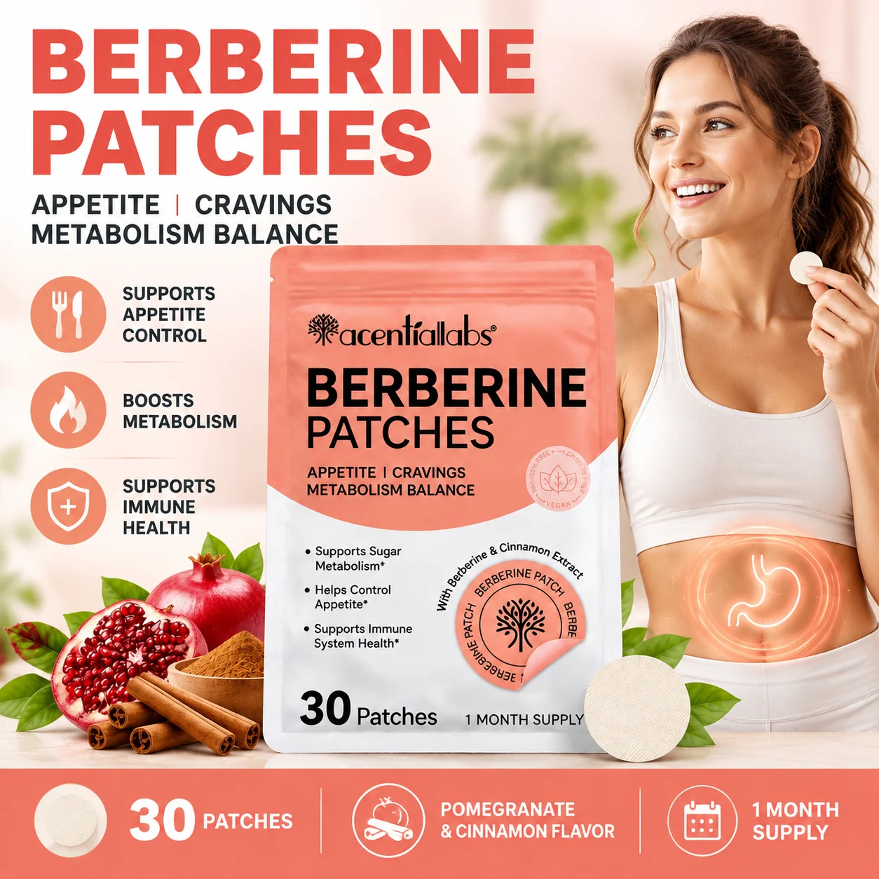 Acentialabs Berberine Patches Promote Cardiovascular Health Digestion Appetite Management Multivitamin B Metabolism 30 Patches