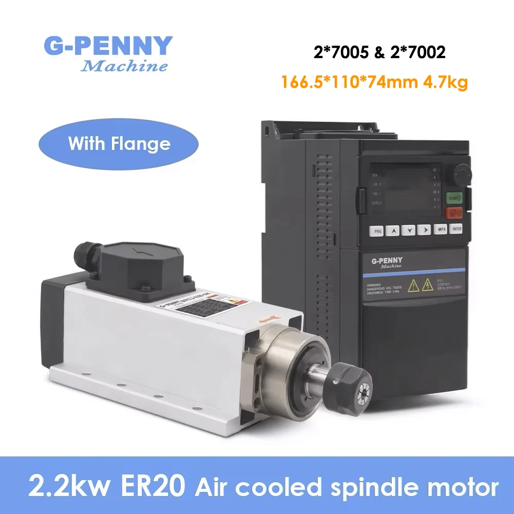 

G-Penny 2.2KW Square Air Cooled Spindle Motor With Flange 24000rpm 220V/380V 0.01+ 2.2kw VFD Inverter For Woodworking CNC Router